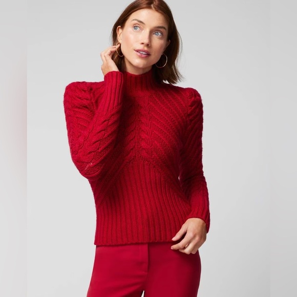 WHITE HOUSE BLACK MARKET Puff Sleeve Cable Mockneck Sweater SIZE S/P - Picture 1 of 7